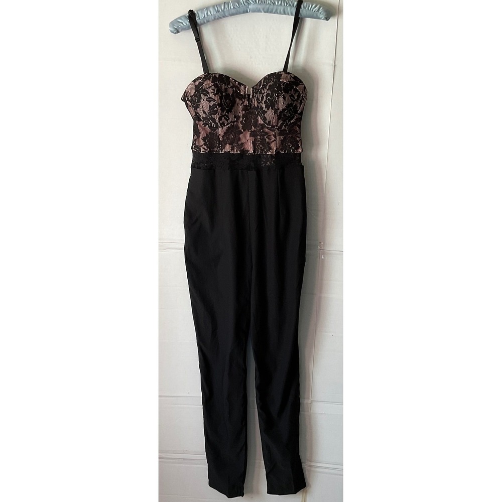 Material Girl Womens Lace Bodice Jumpsuit Black Pink Sweetheart Neck Size M